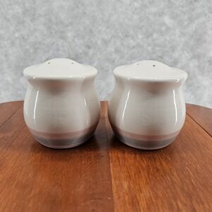 Pfaltzgraff Aura Salt Pepper Set USA Made Cream W/Pink Blue Band 90s Vtg Retired
